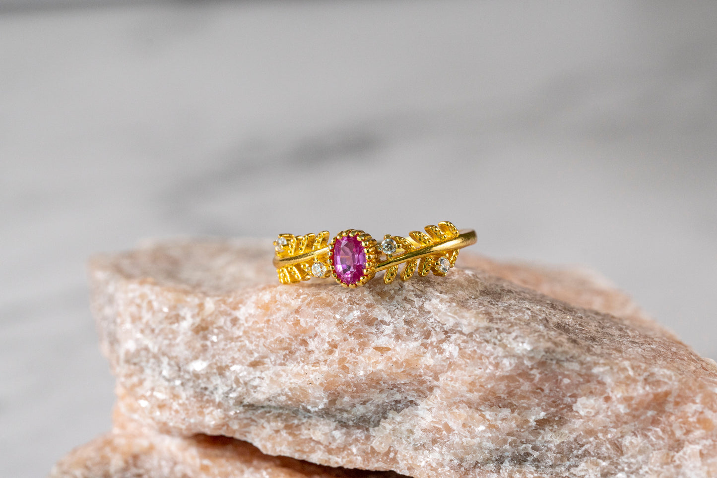 Blushing Blossom Paparacha Sapphire Ring with Leaf Band in 18K Gold