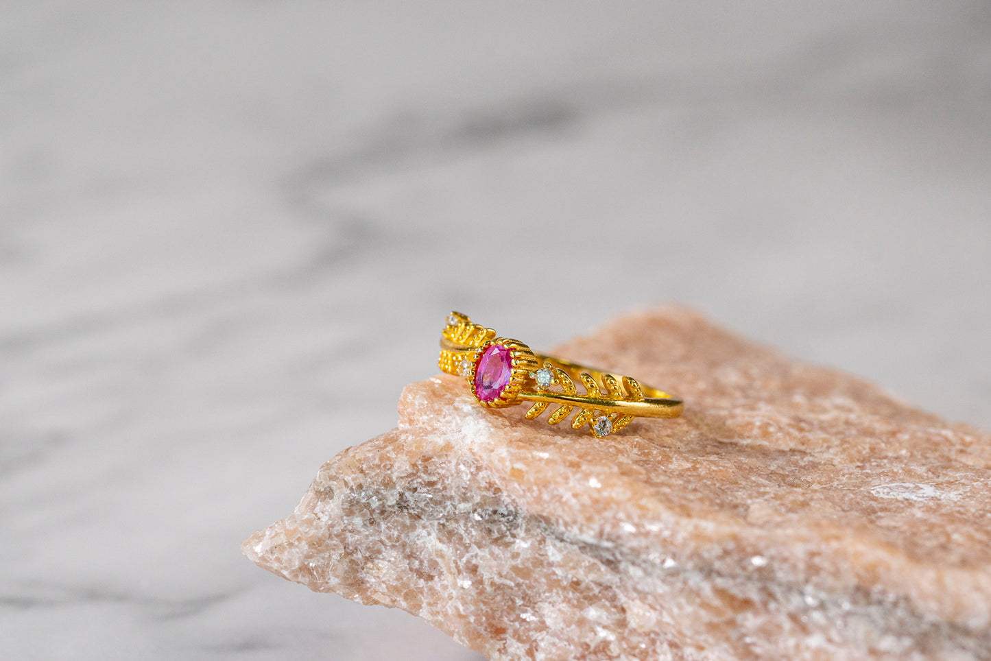 Blushing Blossom Paparacha Sapphire Ring with Leaf Band in 18K Gold
