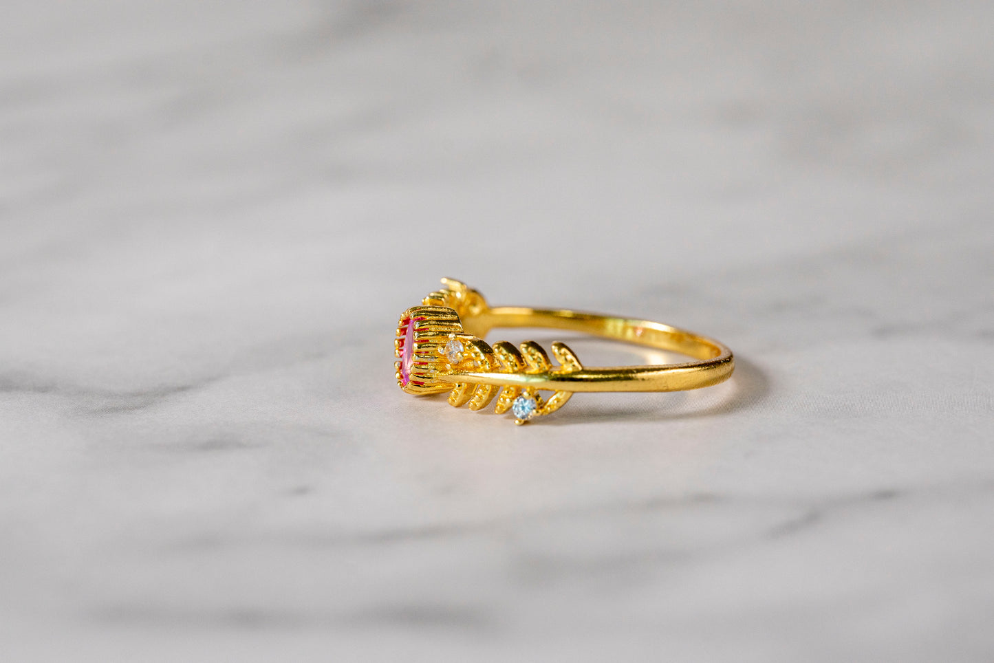 Blushing Blossom Paparacha Sapphire Ring with Leaf Band in 18K Gold