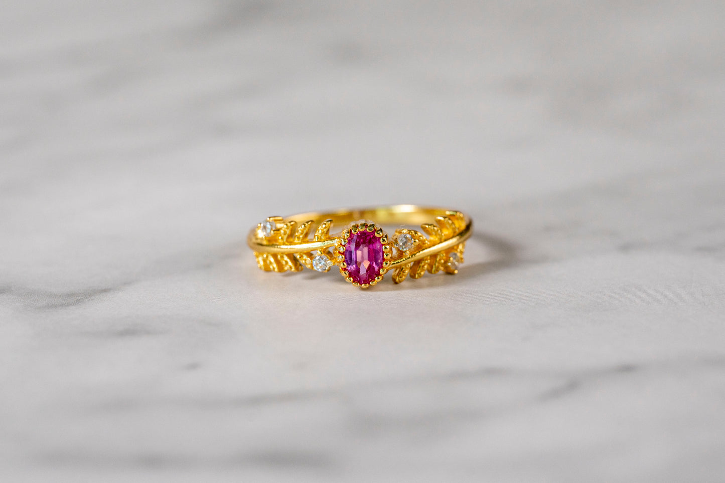 Blushing Blossom Paparacha Sapphire Ring with Leaf Band in 18K Gold