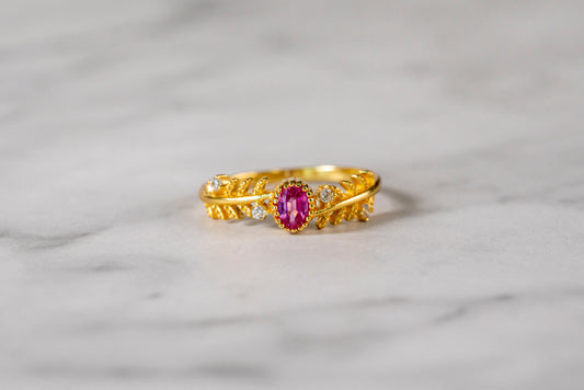 Blushing Blossom Paparacha Sapphire Ring with Leaf Band in 18K Gold
