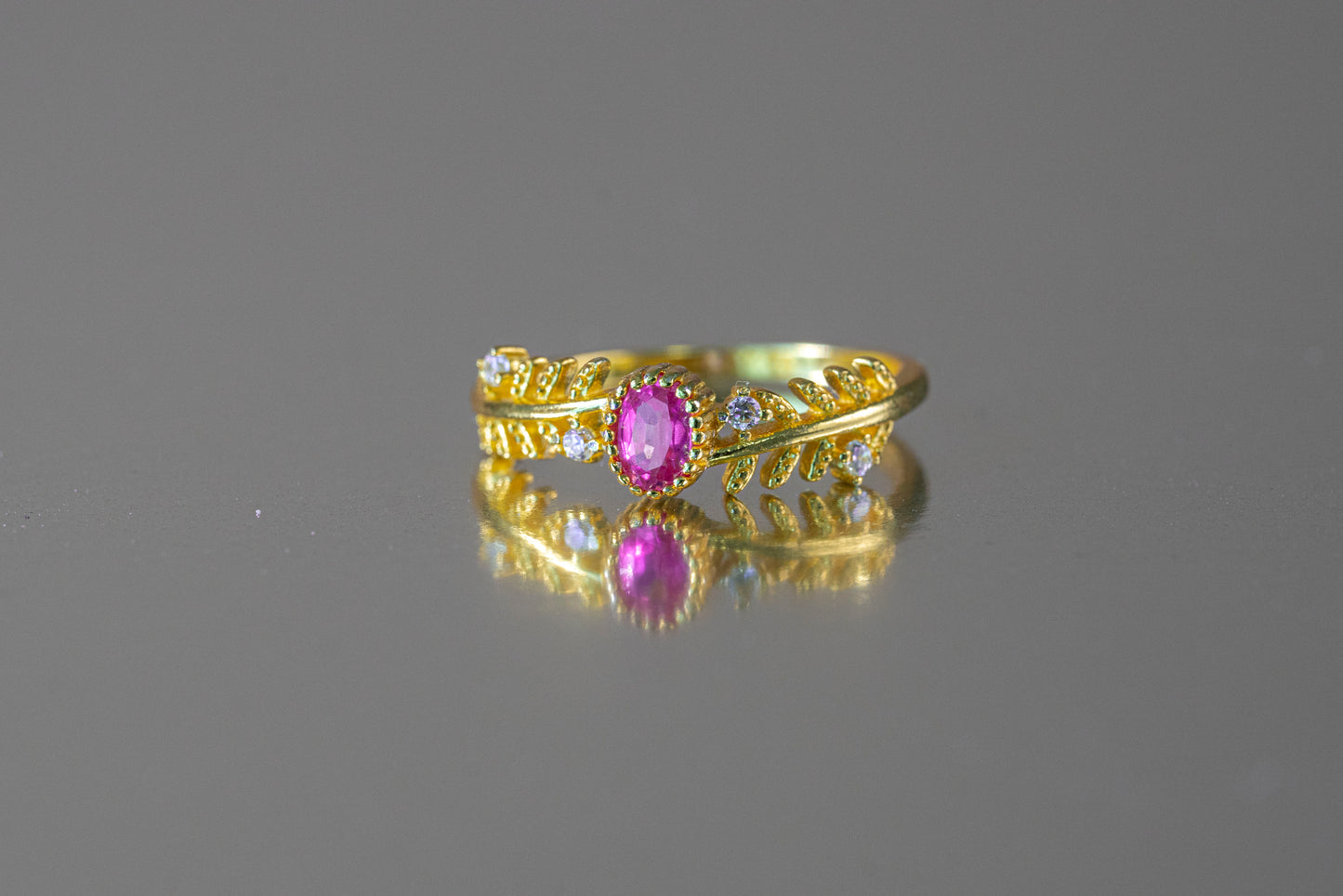 Blushing Blossom Paparacha Sapphire Ring with Leaf Band in 18K Gold