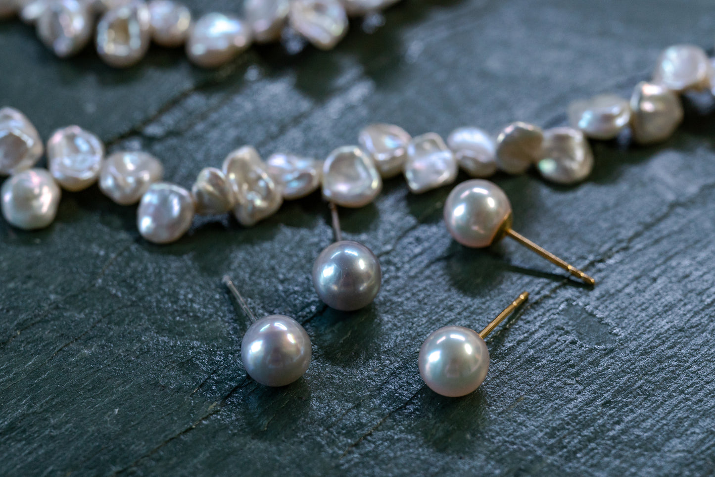 Madama Akoya 7-8mm Silver-Blue Pearl Studs in 18K Gold