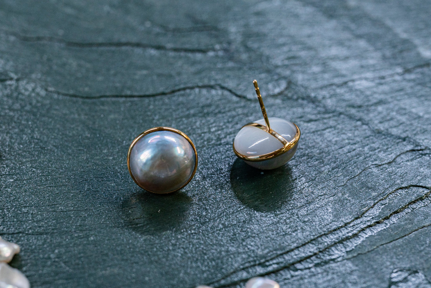 Natural 11mm Saltwater Mabe Pearl Earrings in 18k Gold