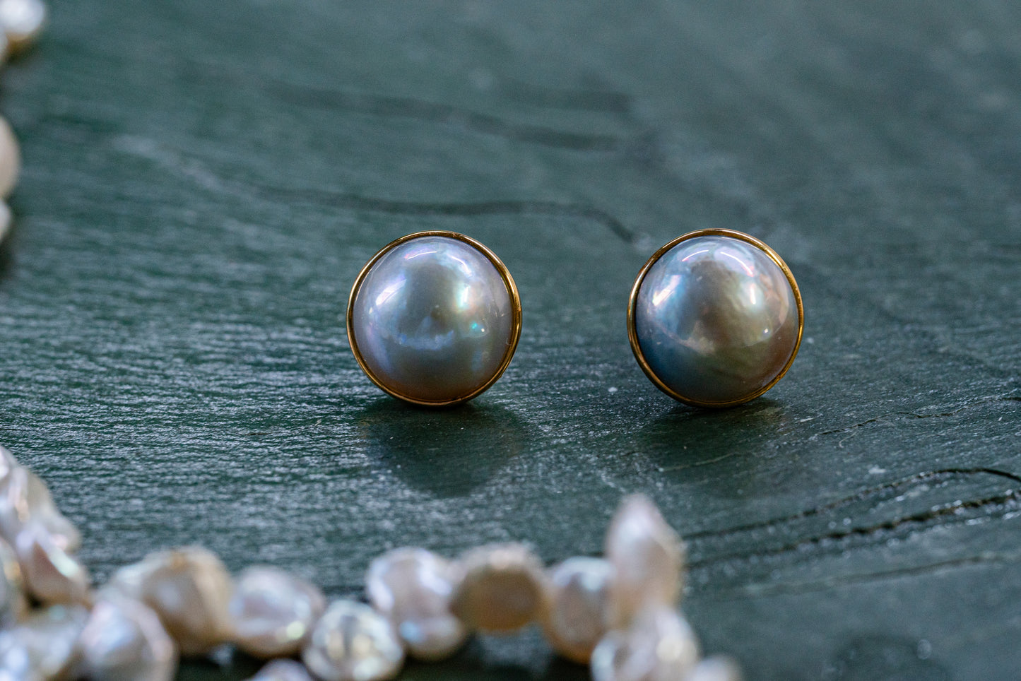 Natural 11mm Saltwater Mabe Pearl Earrings in 18k Gold