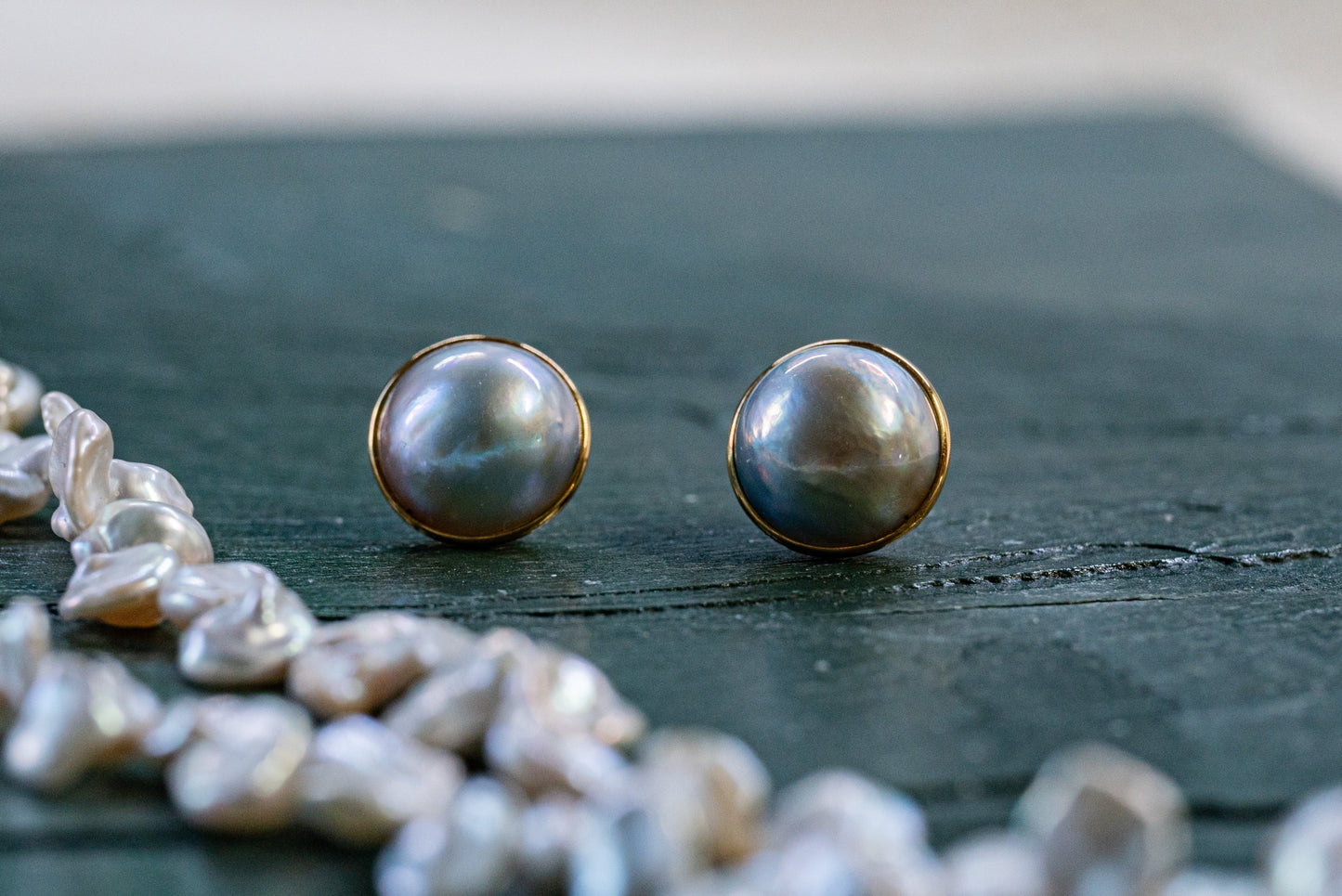 Natural 11mm Saltwater Mabe Pearl Earrings in 18k Gold