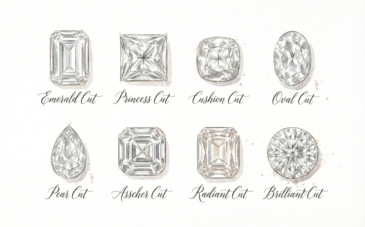 Illustrations of various diamond cuts on a white background